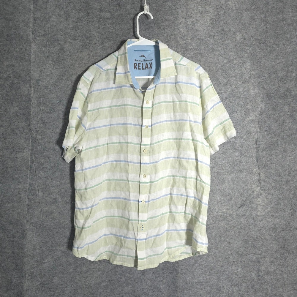 Tommy Bahama Relax Men L Green Striped 100% Linen Short Sleeve Button Down Shirt